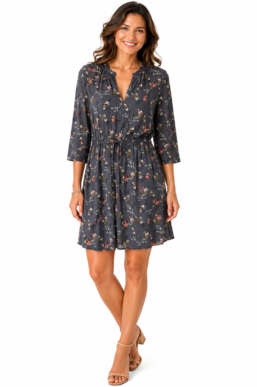 Ann Taylor Loft Dark Gray Floral Blouson Rayon Dress V-Neck 3/4 Sleeve sz Small
